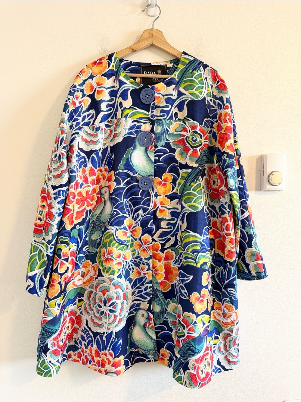 Rara Avis by Iris Apfel Twill Swing Coat Women's XL Tropical Floral Bird Blue